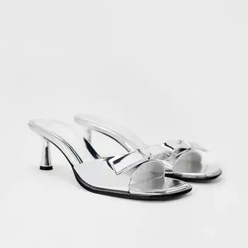 Летние новые женские однотонные женские тапочки с бантом и открытым носком, элегантные женские шлепанцы с квадратным носком на высоком каблуке-шпильке 35