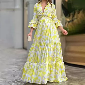 Летние новые женские платья с глубоким v-образным вырезом и расклешенными рукавами с принтом в Европе и США S