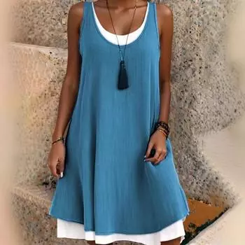 Летние новые женские повседневные платья без рукавов из двух частей с поддельным свободным жилетом S серый
