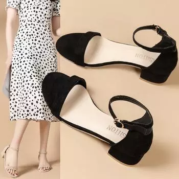 Летние новые женские повседневные простые однотонные босоножки с круглым носком и открытым носком, с пряжкой на толстом каблуке и средним каблуком 35 бежевый