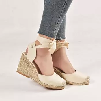 Летние новые женские сандалии большого размера Amazon wish из зарубежной торговли, однотонные, с наклонным каблуком, французским ремешком на щиколотке 35 красный