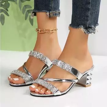 Летние новые женские сандалии и тапочки 2024 года с сексуальной обувью для вечеринок, женские слипоны с открытым носком, стразами, на высоком каблуке, Sandalias Mujer 35 чёрный