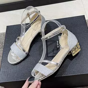 Летние новые женские сексуальные босоножки с пряжкой Word, женские модные туфли на низком каблуке в стиле феи, женские золотисто-серебряные босоножки 41