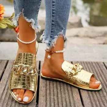 Летние новые женские шлепанцы на низком каблуке, плоские, повседневные, дышащие, легкие сандалии, слипоны, женские тапочки больших размеров 43 золотой