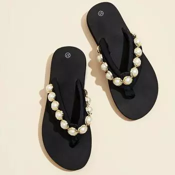 Летние новые женские тапочки на толстой подошве с жемчужными стразами 34 чёрный