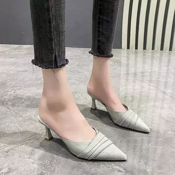Летние новые женские тапочки, простые однотонные туфли-мюли Baotou Stiletto, сексуальные туфли с острым носком для банкета и офиса, женские туфли на высоком каблуке, Zapatos 34 чёрный