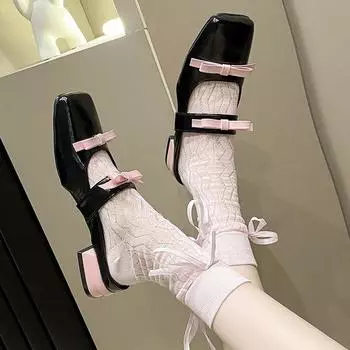 Летние новые женские тапочки с квадратным носком 2024 года, модные туфли Мэри Джейн для девочек в корейском стиле, удобные тапочки с закрытым носком на низком каблуке 35 чёрный