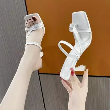 Летние новые женские тапочки с квадратным носком Grace Narrow Band Solid Casual Sandals Waterproof Block High Женская обувь 35