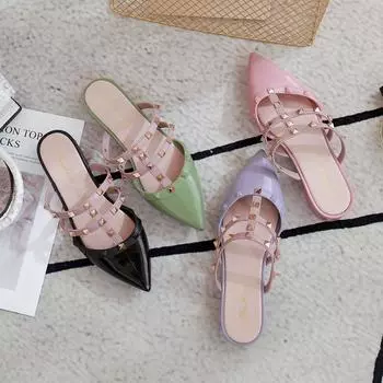 Летние новые женские тапочки с заклепками, с острым носком, летние классные женские тапочки, базовые цветные женские шлепанцы 5.5 темно-зеленого