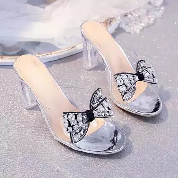 Летние новые женские тапочки Water Diamond Bow 2024 года, универсальные и удобные туфли с открытым носком на высоком каблуке для женщин 34 бежевый