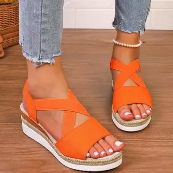 Летние новые женские туфли большого размера, эластичные босоножки на танкетке с открытым носком, импортные босоножки на платформе 36 чёрный