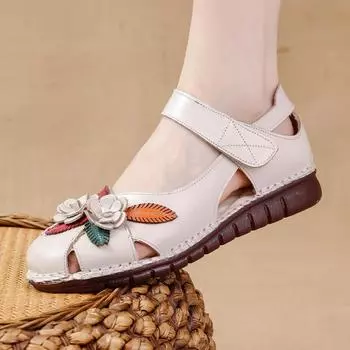 Летние новые женские туфли из натуральной кожи с вырезами ручной работы, женские мокасины, дышащие пляжные сандалии на плоской подошве, сандалии для мам 35 чёрный