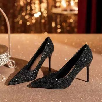 Летние новые женские туфли-одиночки, сексуальные блестки, тонкие каблуки, заостренные, с неглубоким носком, классические туфли для банкета 35