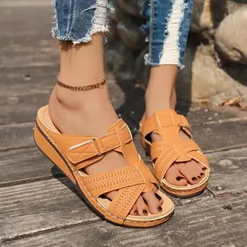 Летние новые женские туфли с ажурными прямыми полосками и повседневными покатыми каблуками в форме рыбьего рта 36 светло-коричневого