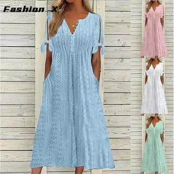 Летние новые женские женские платья из Европы и США, с полым v-образным вырезом и кружевными оборками S белый