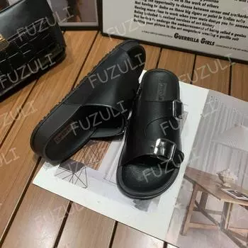 Летние односложные тапочки женская одежда новая пряжка на ремне модные повседневные сандалии с толстой подошвой удобные тапочки на плоской подошве 36 чёрный