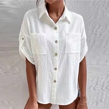 Летние однотонные блузки на пуговицах с половиной рукавом и лацканами, женские свободные хлопковые льняные рубашки больших размеров, женские топы M белый