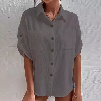 Летние однотонные блузки на пуговицах с половиной рукавом и лацканами, женские свободные хлопковые льняные рубашки больших размеров, женские топы S чёрный