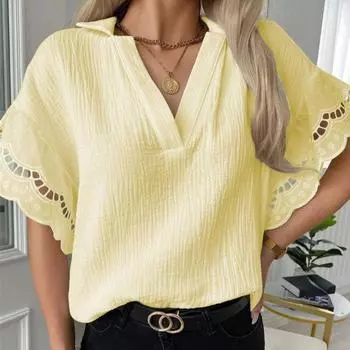 Летние однотонные блузки с короткими рукавами и лацканами с v-образным вырезом, женские летние свободные блузки больших размеров, женские топы S