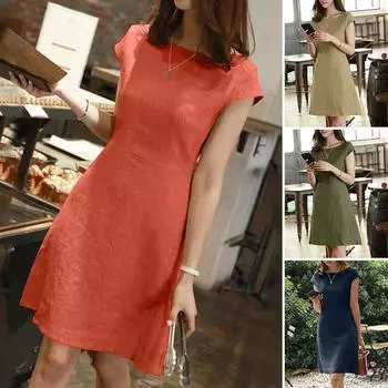 Летние однотонные платья миди, женские элегантные платья с короткими рукавами и круглым вырезом на молнии, женский рабочий винтажный сарафан с v-образным вырезом сзади S