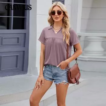 Летние однотонные плиссированные свободные футболки с короткими рукавами и лацканами для женщин S белый