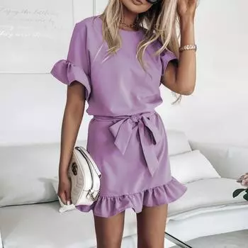 Летние однотонные повседневные платья с коротким рукавом и оборками на талии S слоновая кость