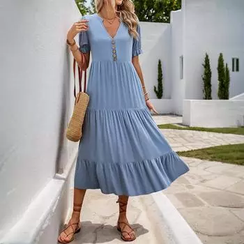 Летние однотонные повседневные платья средней длины с воротником-стойкой S синий