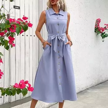 Летние однотонные повседневные платья средней длины с лацканами без рукавов S синий