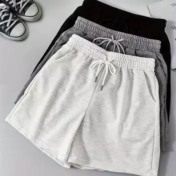 Летние однотонные повседневные шорты для фитнеса с завязками - эластичная талия Спортивная одежда XL чёрный