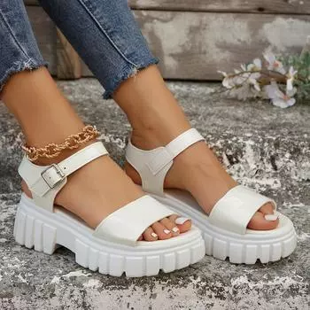 Летние однотонные сандалии импортного производства с круглым носком, пряжкой в виде одного слова, с низом-бубликом, в европейском и американском стиле, на толстой подошве, большого размера для женщин 35 белый