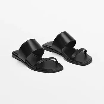 Летние однотонные сандалии на плоской подошве Popula 2024, уличные тапочки с открытым носком, пляжная женская обувь, большие размеры, шлепанцы Zapatos De Mujer 34 чёрный