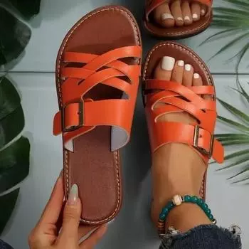 Летние однотонные сандалии на плоской подошве Popula 2024, уличные тапочки с открытым носком, пляжная женская обувь, большие размеры, шлепанцы Zapatos De Mujer 36 чёрный