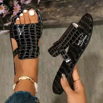 Летние однотонные сандалии на плоской подошве Popula, уличные тапочки с открытым носком, пляжная женская обувь, большие размеры, шлепанцы Zapatos De Mujer 36