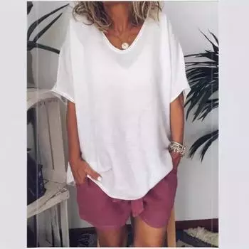 Летние однотонные свободные повседневные футболки из хлопка и льна с короткими рукавами для женщин S белый