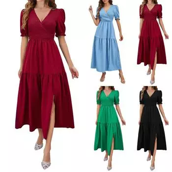 Летние однотонные темпераментные длинные платья с v-образным вырезом и коротким рукавом L чёрный