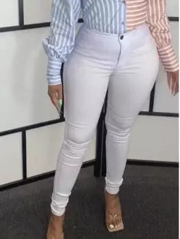 Летние однотонные узкие эластичные брюки, женские повседневные шикарные винтажные узкие брюки-карандаш, женская мода, уличная одежда с высокой талией, брюки L белый
