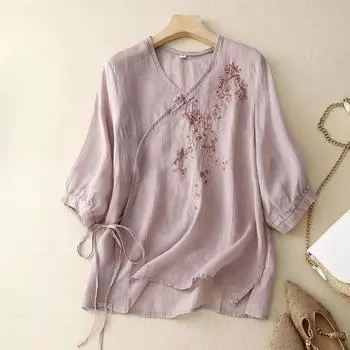 Летние однотонные вышитые блузки и рубашки с V-образным вырезом и коротким рукавом, ретро-свитер с косым воротником, рубашка, тонкий свободный топ, футболки для женщин M абрикосовый