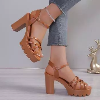 Летние однотонные женские босоножки с открытым носком, повседневные, большого размера, на толстом каблуке, с одной линией пряжки, ремешком, женские босоножки в римском стиле на высоком каблуке 35 кофейный