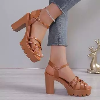 Летние однотонные женские босоножки с открытым носком, повседневные, большого размера, на толстом каблуке, с одной линией пряжки, ремешком, женские босоножки в римском стиле на высоком каблуке 35