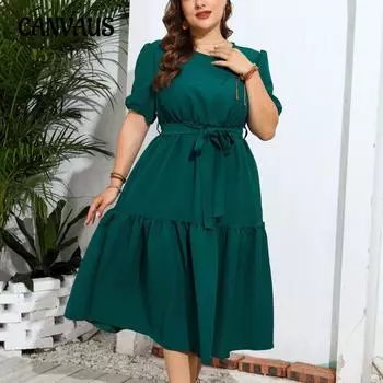 Летние однотонные женские платья больших размеров с круглым вырезом 1XL зелёный