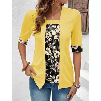 Летние осенние женские футболки Поддельные двухсекционные женские футболки с рукавом пять четвертей с принтом в винтажном стиле S жёлтый