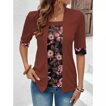 Летние осенние женские футболки Поддельные двухсекционные женские футболки с рукавом пять четвертей с принтом в винтажном стиле M красный