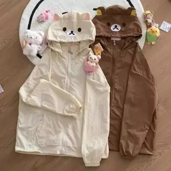 Летние пальто с капюшоном и медвежьими ушками, с длинным рукавом, на молнии, женские куртки в стиле преппи, японские мультяшные, тонкая верхняя одежда Y2k Kawaii Sweet S коричневый