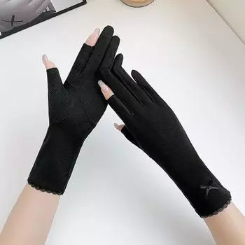 Летние перчатки для защиты от солнца при вождении для женщин, тонкие хлопковые, защита от УФ-лучей, средней длины, для езды на велосипеде, нескользящие, дышащие, с открытыми половинами пальцев, сенсорные Pure color Long Bows-Two Finger-Black One size