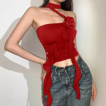 Летние пикантные эстетические топы принцессы Desire, однотонные женские топы без рукавов с вырезом и цветочным принтом, чистый элегантный шикарный топ с лентой S чёрный