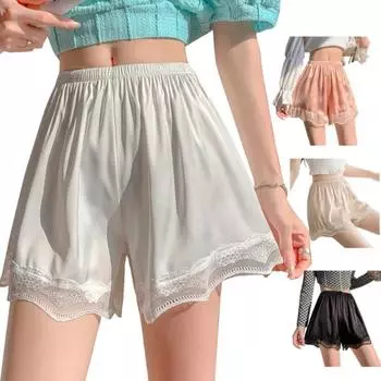 Летние пикантные защитные брюки из ледяного шелка, леггинсы с кружевными краями, защитные шорты, женское нижнее белье, атласные трусики с не закрученным краем M белый