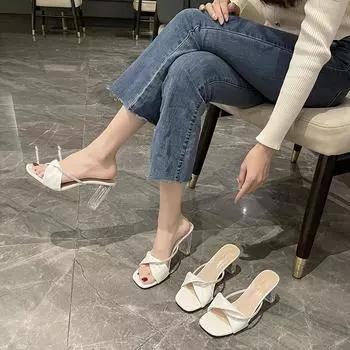 Летние пикантные женские прозрачные туфли на высоком каблуке с квадратной головкой и стразами, весенние и летние женские сандалии на толстом каблуке 40