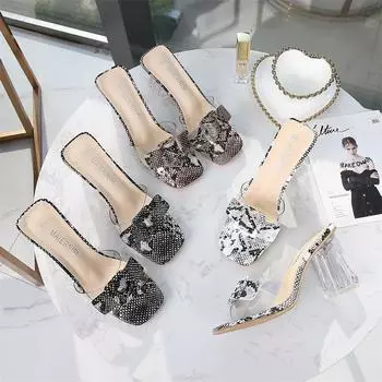 Летние пикантные женские шлепанцы на высоком каблуке 8 см со змеиным принтом, шлепанцы с прозрачными кристаллами, туфли на низком каблуке с серпантином, обувь больших размеров 38 белый