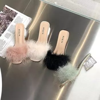 Летние пикантные женские туфли на высоком каблуке с открытым носком, женская модная свадебная обувь без шнуровки с мехом и перьями, розовые женские сандалии с квадратным носком 36 розовый