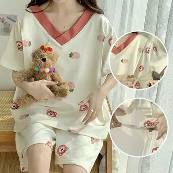Летние пижамы большого размера, свободная послеродовая одежда, комплект с короткими рукавами, одежда для дома престарелых M